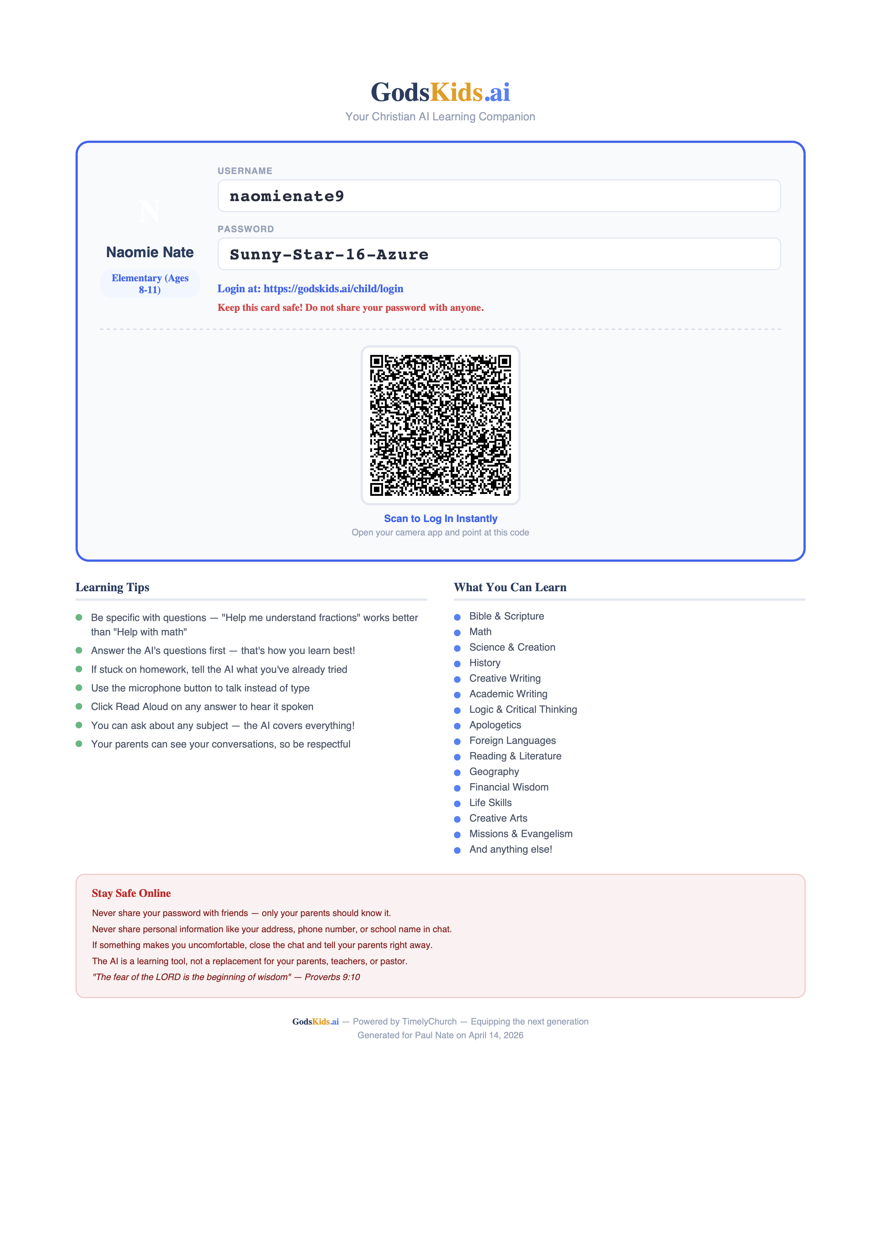 GodsKids.ai Child Login Card